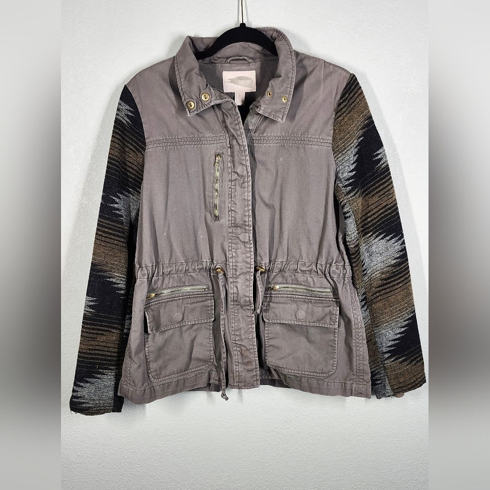 Forever 21 Utility Jacket Women’s Medium Gray Aztec Knit Sleeves Boho Military